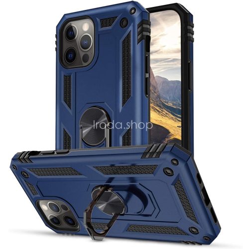 Samsung Galaxy A03s SM-A037F, Műanyag hátlap védőtok, közepesen ütésálló, szilikon belső, telefontartó gyűrű, Defender, sötétkék