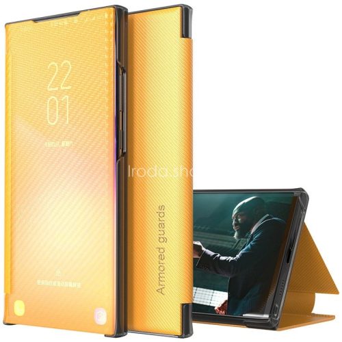 Samsung Galaxy M31 SM-M315F, Oldalra nyíló tok, stand, hívás mutatóval, kevlár minta, Wooze Smart View Cover Carbon, sárga