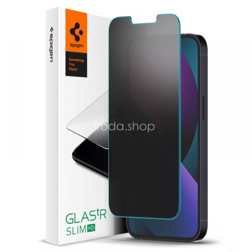 Apple iPhone 13 / 13 Pro / 14 / 16e, Kijelzővédő fólia, ütésálló fólia (az íves részre is!), Tempered Glass (edzett üveg), Spigen Glastr Slim HD Privacy, Clear