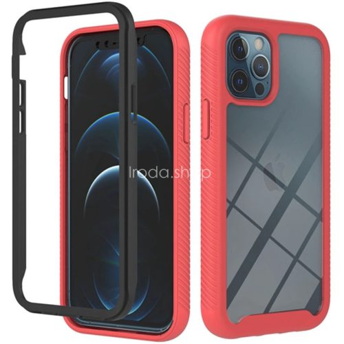 Samsung Galaxy A22 4G SM-A225F, Szilikon hátlap és műanyag előlapi tok, elő- és hátlapi üveggel, közepsen ütésálló, Wooze Power Case, fekete/piros