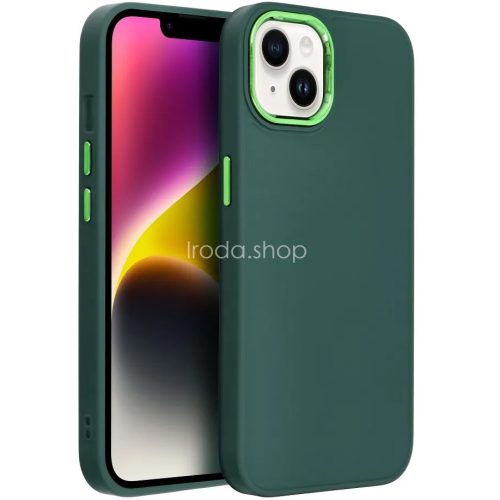 Apple iPhone 14, Szilikon tok, közepesen ütésálló, fémhatású kamera keret, Frame Case, zöld