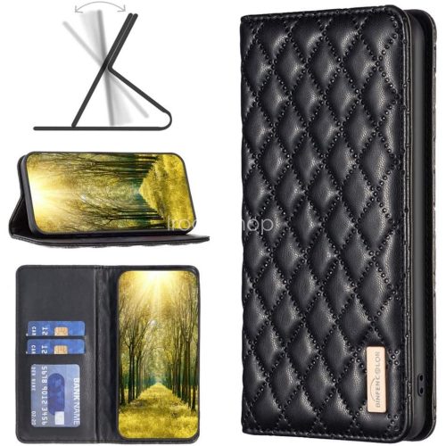 Samsung Galaxy S20 Plus / S20 Plus 5G SM-G985 / G986, Oldalra nyíló tok, stand, kártyatartóval, 3D rombusz minta, Wooze Pillow, fekete