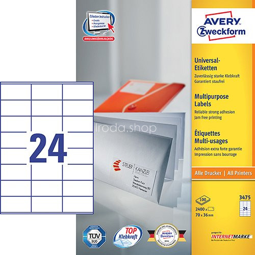 Etikett címke univerzális 3475 fehér 70x36mm Avery