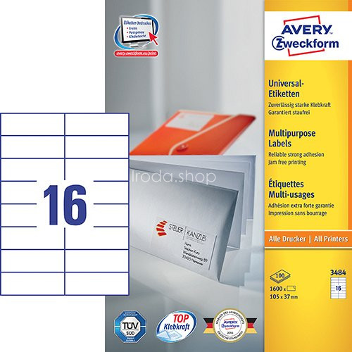 Etikett címke univerzális 3484 fehér 105x37mm Avery