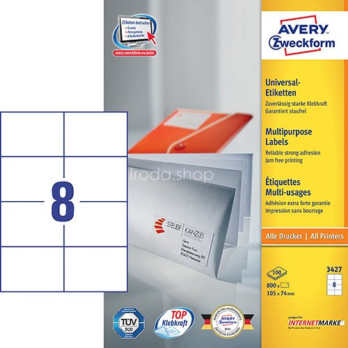 Etikett címke univerzális 3427 fehér 105x74mm Avery