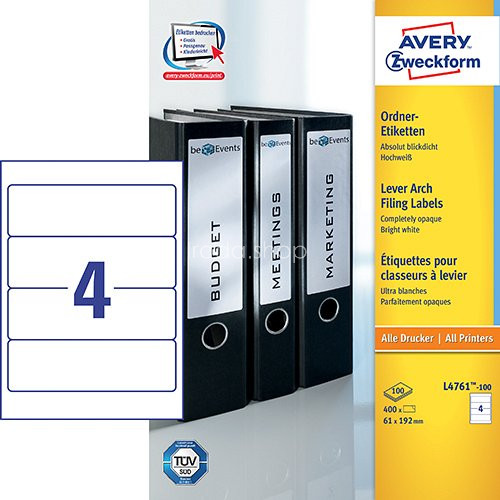 Etikett címke iratrendező L4761-100 fehér 192x61mm Avery