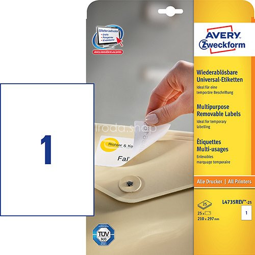 Etikett címke speciális L4735REV-25 visszaszedhető  210x297mm Avery