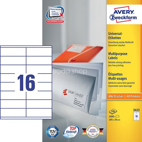 Etikett címke univerzális 3423 etikett fehér 105x35mm Avery