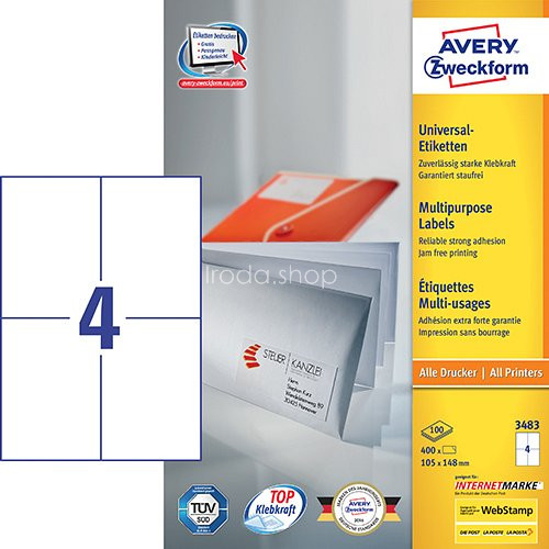 Etikett címke univerzális 3483 fehér 105x148mm Avery