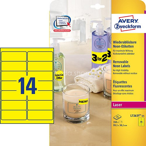 Etikett címke speciális visszaszedhető L7263Y neonsárga 99,1x38,1mm 25 ív Avery