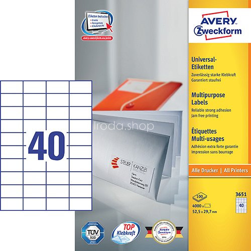 Etikett címke univerzális 3651 fehér 52,5x29,7mm 100ív Avery