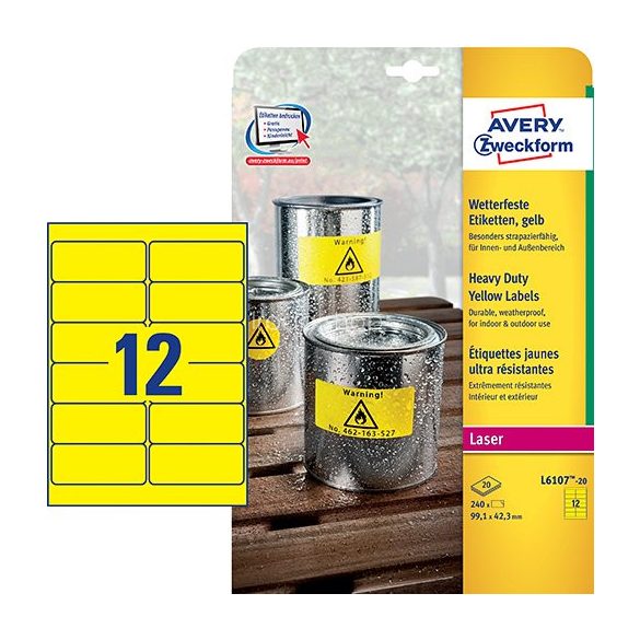 Etikett címke speciális L6107-20 fólia időjárásálló sárga poliészter 99,1x42,3mm 20ív Avery