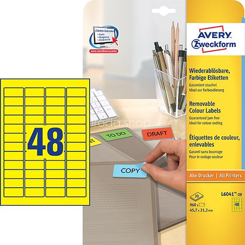 Etikett címke speciális L6041-20 visszaszedhető sárga  45,7x21,2mm 20ív Avery