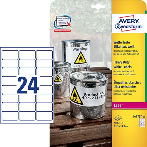 Etikett címke speciális L4773-20 időjárásálló 63,5x33,9mm 20ív polieszter vízálló Avery