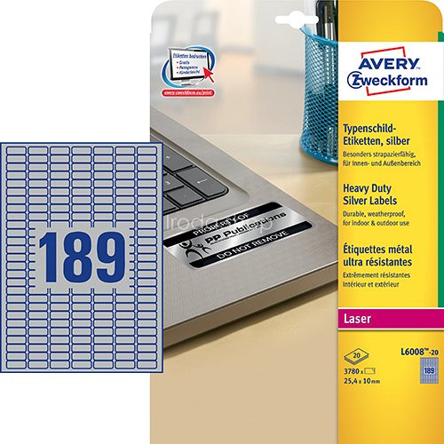Etikett címke speciális L6008-20 ipari ezüst poliészter 25,4x10mm 20ív Avery