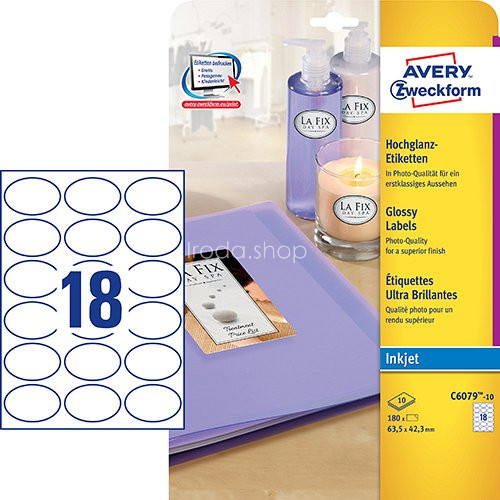 Etikett címke speciális C6079-10 fényes fotóminőségű ovális 63,5x42,3mm 10ív tintasugaras Avery