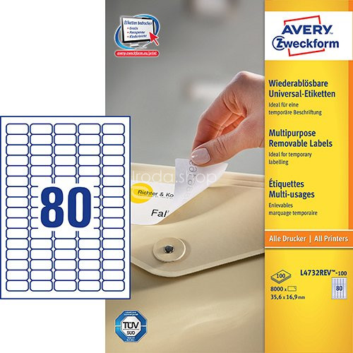 Etikett címke speciális L4732REV-100 visszaszedhető  35,6 x 16,9 mm 100ív Avery