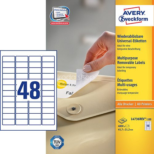 Etikett címke speciális L4736REV-100 visszaszedhető 45,7 x 21,2 mm 100ív Avery