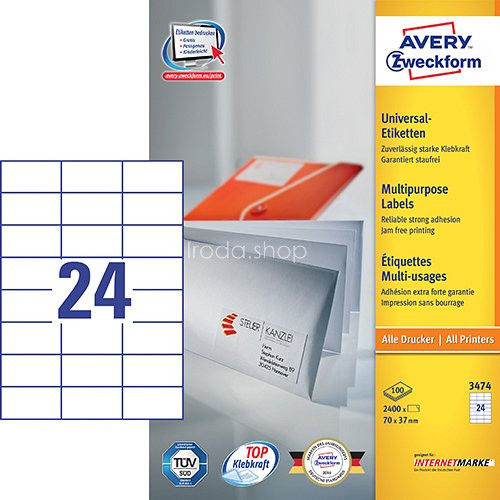 Etikett címke univerzális 3474 etikett fehér 70x37mm Avery