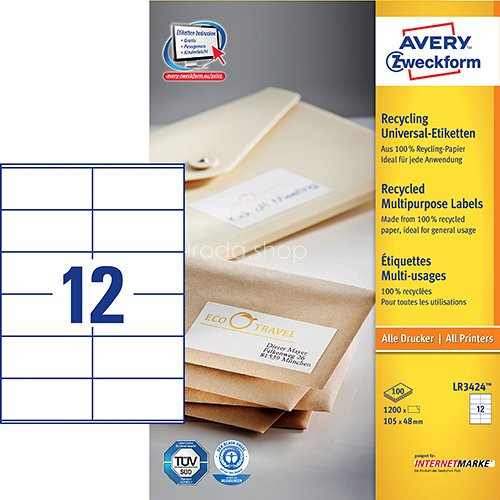 Etikett címke univerzális újrahasznosított LR3424 105x48mm Avery