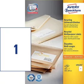   Etikett címke univerzális újrahasznosított LR3478 210x297mm Avery