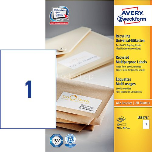 Etikett címke univerzális újrahasznosított LR3478 210x297mm Avery