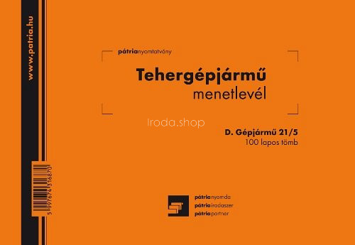 Tehergépjármű menetlevél 100 lapos tömb A/5 fekvő D.GEPJ.21/5