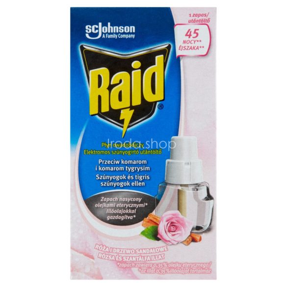 Raid® Elektromos szúnyogirtó utántöltő folyadék 27 ml Rózsa és szantálfa illattal 45 éjszakás