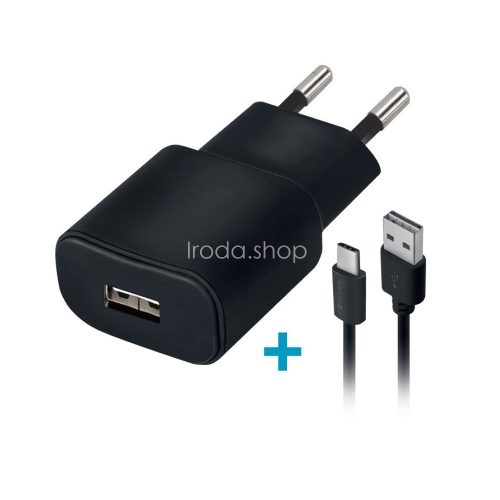 Hálózati töltő adapter, 5V / 2000 mAh, USB aljzat, USB Type-C kábellel, Forever, fekete, TC-01