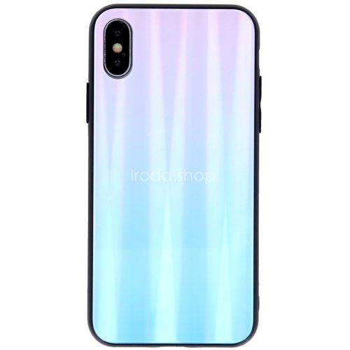 Huawei P40, Szilikon védőkeret, edzett üveg hátlap, Aurora Glass, kék/pink