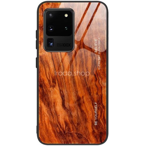 Xiaomi Redmi 8, Szilikon védőkeret, edzett üveg hátlap, fa minta, Wooze Wood, rozsdabarna