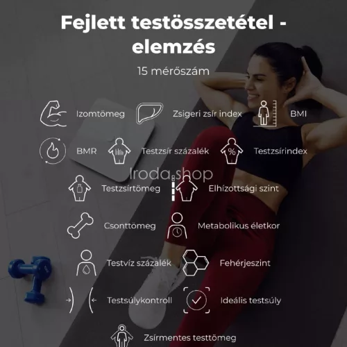 AENO ABS0001S BS1S okos testmérleg, 15 féle mérőszám, LED kijelző, 180 kg-ig terhelhető, AENO app, 10+1 profil, ITO üveg