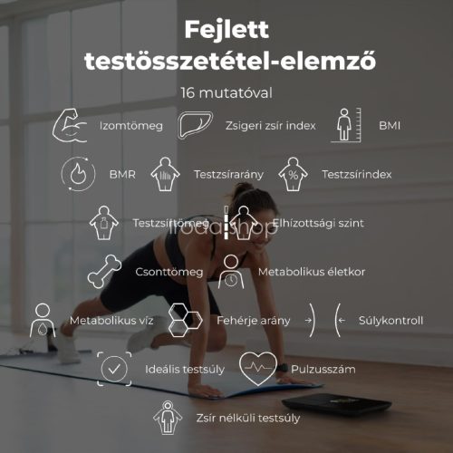 AENO ABS0002S BS2S testmérleg, 180 kg-ig terhelhető, SMART funkciók, profilok, BMI index elemzés, színes kijelző