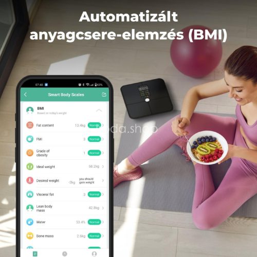 AENO ABS0002S BS2S testmérleg, 180 kg-ig terhelhető, SMART funkciók, profilok, BMI index elemzés, színes kijelző