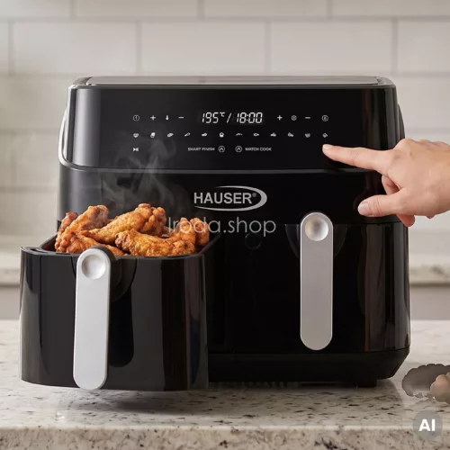 HAUSER AF-2450 air fryer, forrólevegős fritőz, max. 1750 W, 2 x 4,5 liter kapacitás, max. 200 ℃, digitális kijelző, időzítő, fekete színű