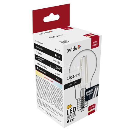 LED izzó, filament, E27, gömb, A60, 8,5W, 1055lm, 2700K, AVIDE