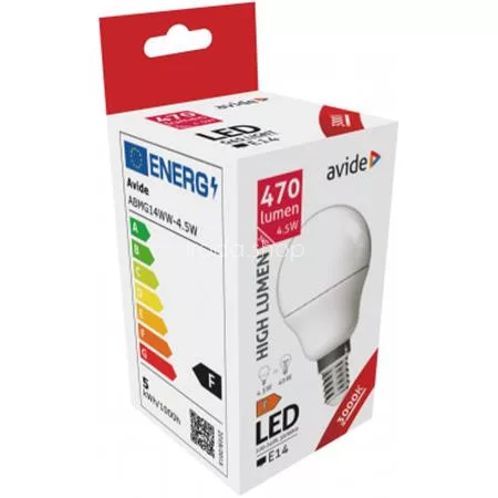 LED izzó, E14, kisgömb, G45, 4,5W, 470lm, 3000K, AVIDE