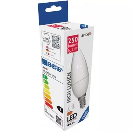 LED izzó, E14, gyertya, 2,5W, 250lm, 6400K, AVIDE