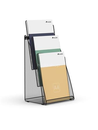 Prospektustartó, fémhálós, asztali, álló, A4, 3 rekesz, ALBA, fekete