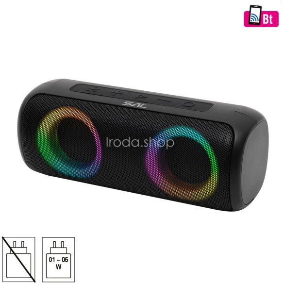 SAL BT2000 boombox, 2x10W, MP3 zenelejátszó, Bluetooth, mélysugárzó, basszus, RGB LED fényjáték, beépített akkumulátor, IPX5