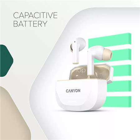 Fülhallgató, TWS vezeték nélküli, Bluetooth 5.4, CANYON "Hexagon 7", fehér-bézs