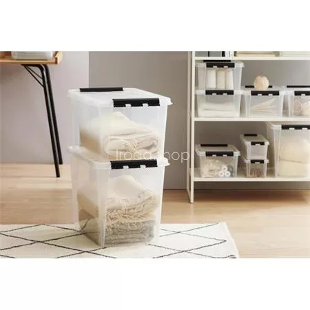 Műanyag tárolódoboz, 61 liter, fekete fogantyúkkal, SMARTSTORE "Classic 65", átlátszó