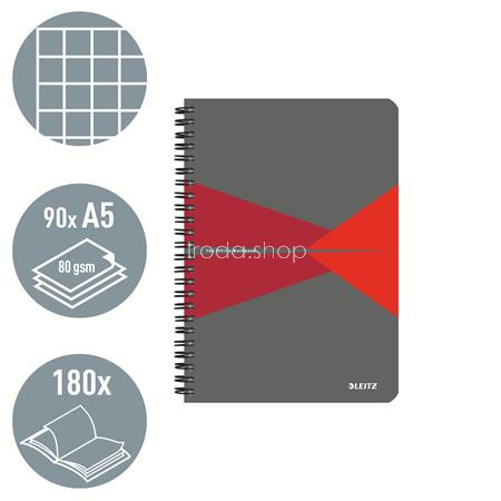 Spirálfüzet, A5, kockás, 90 lap, laminált karton borító, LEITZ "Office", szürke-piros