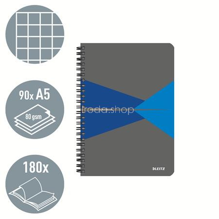 Spirálfüzet, A5, kockás, 90 lap, laminált karton borító, LEITZ "Office", szürke-kék