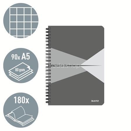 Spirálfüzet, A5, kockás, 90 lap, laminált karton borító, LEITZ "Office", szürke