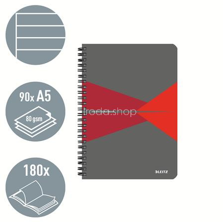 Spirálfüzet, A5, vonalas, 90 lap, laminált karton borító, LEITZ "Office", szürke-piros