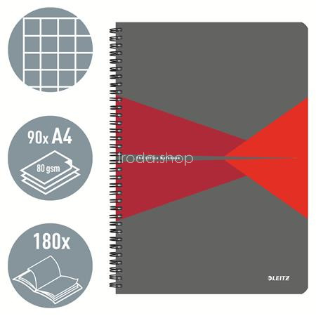 Spirálfüzet, A4, kockás, 90 lap, PP borító, LEITZ "Office", szürke-piros