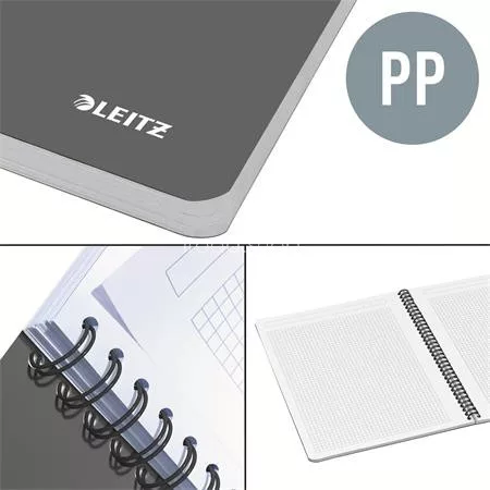 Spirálfüzet, A4, kockás, 90 lap, PP borító, LEITZ "Office", szürke-kék