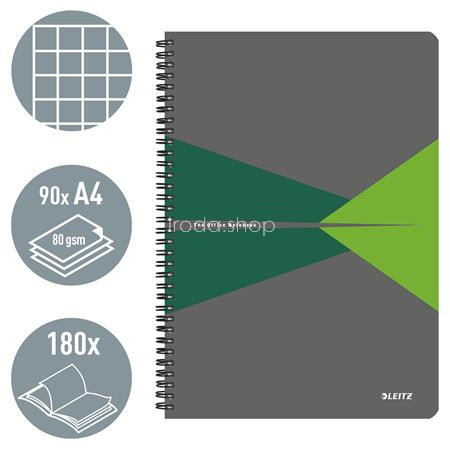 Spirálfüzet, A4, kockás, 90 lap, PP borító, LEITZ "Office", szürke-zöld