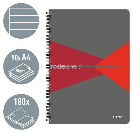 Spirálfüzet, A4, vonalas, 90 lap, PP borító, LEITZ "Office", szürke-piros